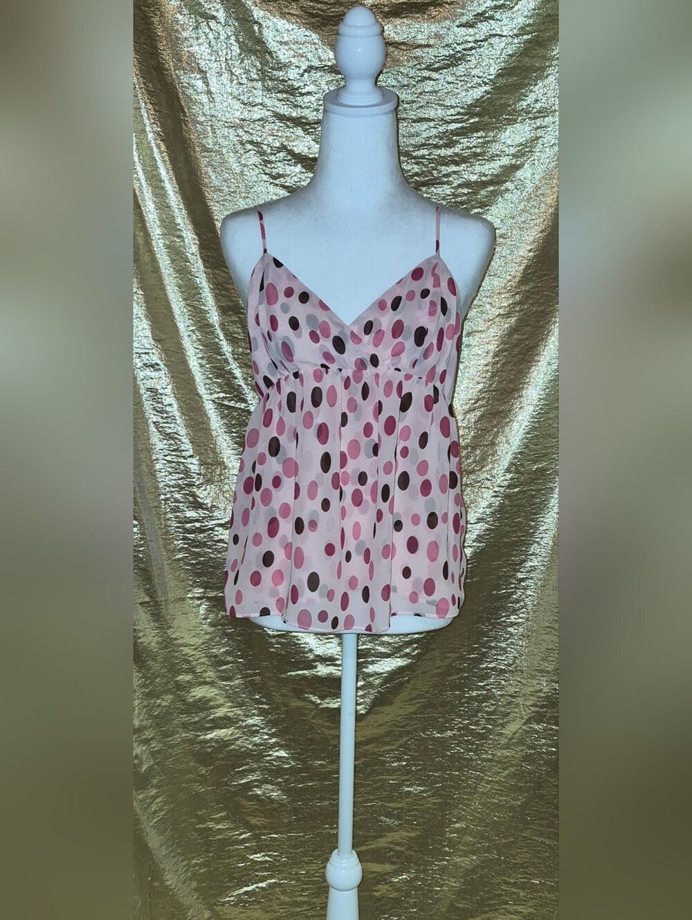 Walter Pink Polka Dot Spaghetti Strap Cami Babydoll Top